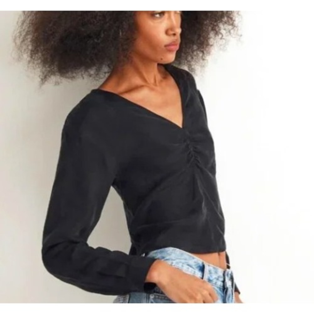 Madewell Ruched Front V-Neck Long Sleeve Top Black Cupro Blend NEW Size 16 - Picture 3 of 10
